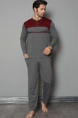 Yaka Düğmeli Çift Renk Erkek Pijama Takımı Füme - 1