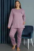 Nakışlı Desenli Viskon Büyük Beden Pijama Takım Lila thumbnail 1