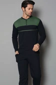 Yaka Düğmeli Çift Renk Erkek Pijama Takımı Lacivert Haki - 2