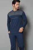 Yaka Düğmeli Çift Renk Erkek Pijama Takımı İndigo - 2