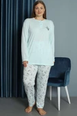 Nakışlı Desenli Viskon Büyük Beden Pijama Takım Buz Mavisi - 1