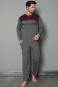 Yaka Düğmeli Çift Renk Erkek Pijama Takımı Füme Bordo - 1