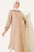 Kapüşonlu Düğmeli Uzun Kap Bej thumbnail 1