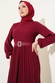 Piliseli Fırfırlı Kuşaklı Şifon Elbise Bordo - 2