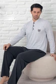 Düğmeli Armalı Erkek Pijama Takımı Gri thumbnail 1