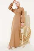 Yarım Düğmeli Yaka İpli Elbise Camel - 1