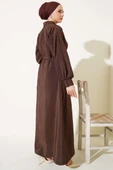 Kırışık Doku Yarım Düğmeli Elbise Kahve thumbnail 3