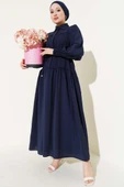 Yarım Gizli Düğmeli İp Bağcıklı Elbise Lacivert thumbnail 1