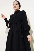 Yarım Gizli Düğmeli İp Bağcıklı Elbise Siyah thumbnail 2