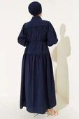 Yarım Gizli Düğmeli İp Bağcıklı Elbise Lacivert thumbnail 3