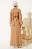 Yarım Düğmeli Yaka İpli Elbise Camel - 3