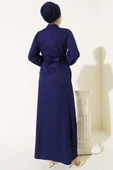 Yarım Düğmeli Yaka İpli Elbise Lacivert thumbnail 3