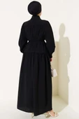 Yarım Gizli Düğmeli İp Bağcıklı Elbise Siyah thumbnail 3