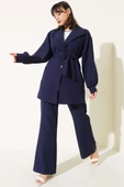 Kruvaze Yaka Kuşaklı İkili Takım Lacivert thumbnail 1