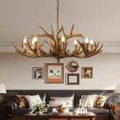 Apliqa Zoye Ahşap 8'li Geyik Boynuzu Desenli Modern Kafe Restoran. Salon Avize thumbnail 1