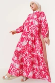 Batik Desen Yarım Düğmeli Elbise Alizarin - 1