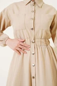 Bel Lastikli Metal Düğmeli Elbise Bej thumbnail 4