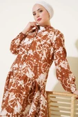 Batik Desen Yarım Düğmeli Elbise Taba - 2