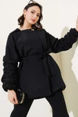 Kol Büzgülü Kuşaklı Ceket Siyah thumbnail 1