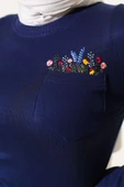 Çiçek Nakışlı Cepli Body Lacivert - 4