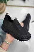 Siyah Triko Kadın Spor Ayakkabı Taşlı Ortopedik Lastik Nefes Alan Hafif Esnek Taban Sneaker 502 - 1