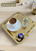 Gold Sunum Tepsisi Paslanmaz Kahve Tepsisi Çelik Tepsi Kare Çeyizlik Tepsi - 2