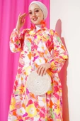 Karışık Desen Yarım Düğmeli Viskon Elbise Pudra thumbnail 2