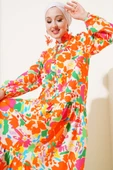 Karışık Desen Yarım Düğmeli Viskon Elbise Oranj thumbnail 2
