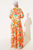 Karışık Desen Yarım Düğmeli Viskon Elbise Oranj thumbnail 3