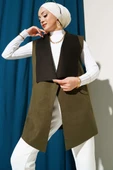Kruvaze Yaka Süet Yelek Haki - 1