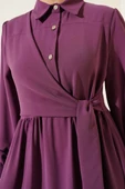 Yarım Taş Düğmeli Bağlamalı Elbise Menekşe thumbnail 4
