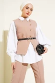 Çapraz Düğmeli Kemerli Yelekli İkili Takım Latte thumbnail 2