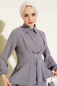 Önü Bağlamalı Gömlek Yaka Etekli İkili Takım Kayrak Grisi thumbnail 2