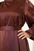 Mini Taşlı Balon Kol Saten Elbise Kahve thumbnail 4