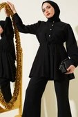 Bel İpli Taş Düğmeli Tunik İkili Takım Siyah thumbnail 2