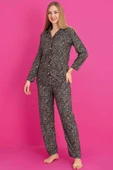 Leopar Desen Önü Düğmeli Süet Pijama Takımı Leopar - 1