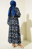 Karışık Motifli Kemerli Elbise İndigo thumbnail 3