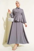 Önü Bağlamalı Gömlek Yaka Etekli İkili Takım Kayrak Grisi thumbnail 1