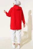 Kapüşonlu Yarım Fermuarlı Baskılı Tunik Kırmızı thumbnail 3