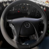 DİKİŞLİ DİREKSİYON KILIFI SİYAH DERİ GRİ DİKİŞLİ MERCEDES TIR KAMYON (fotoğraftaki direksiyon) İÇİN thumbnail 1