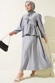 Yarım Düğmeli Bağcıklı Etekli İkili Takım Gri thumbnail 1