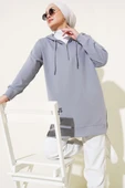 Kapüşonlu Yarım Fermuarlı Baskılı Tunik Kayrak Grisi thumbnail 3