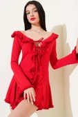 Önü Fırfırlı Bağlamalı Mini Elbise Kırmızı - 1