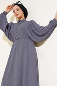 Yarım Düğmeli Balon Kol Kemerli Elbise Füme thumbnail 2