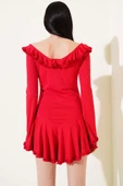Önü Fırfırlı Bağlamalı Mini Elbise Kırmızı - 3