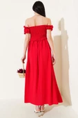 Kayık Yaka Kuş Gözü Detaylı Elbise Kırmızı thumbnail 3