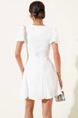Balon Kol Boydan Düğmeli Mini Elbise Ekru thumbnail 3