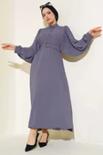 Yarım Düğmeli Balon Kol Kemerli Elbise Füme thumbnail 1