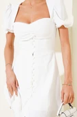 Balon Kol Boydan Düğmeli Mini Elbise Ekru thumbnail 4