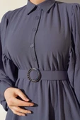 Yarım Düğmeli Balon Kol Kemerli Elbise Füme thumbnail 4